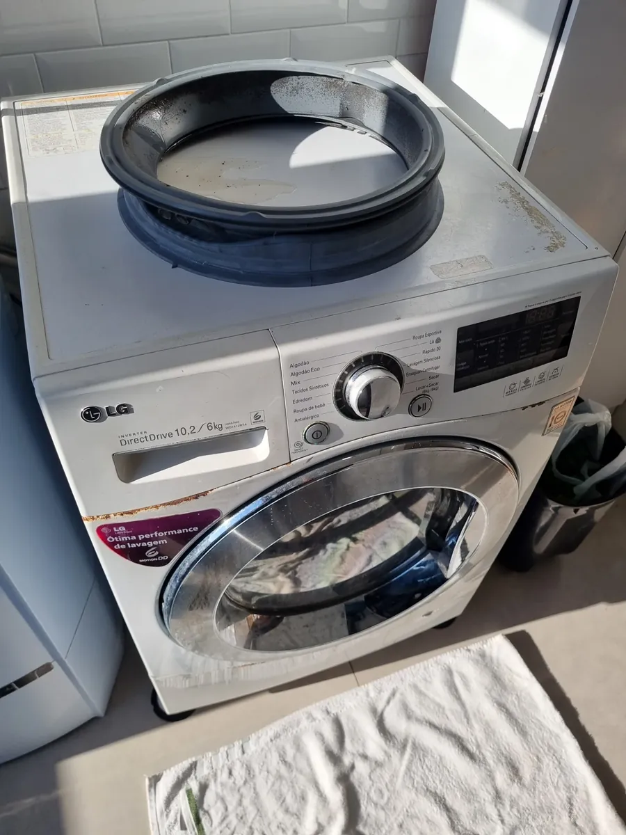 Fole de vedação retirado sobre uma lava e seca LG de 10,2 kg